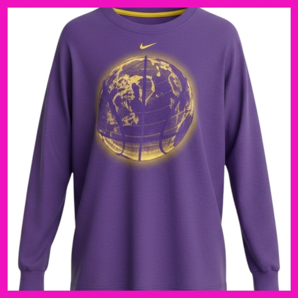 Nike Mens Long Sleeve Basketball Globe Graphic Tee Purple Yellow Large